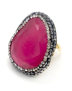 ANILLO MUJER GRANDE FUCSIA CON PIEDRA NATURAL, CIRCONITAS Y ANTRACITAS