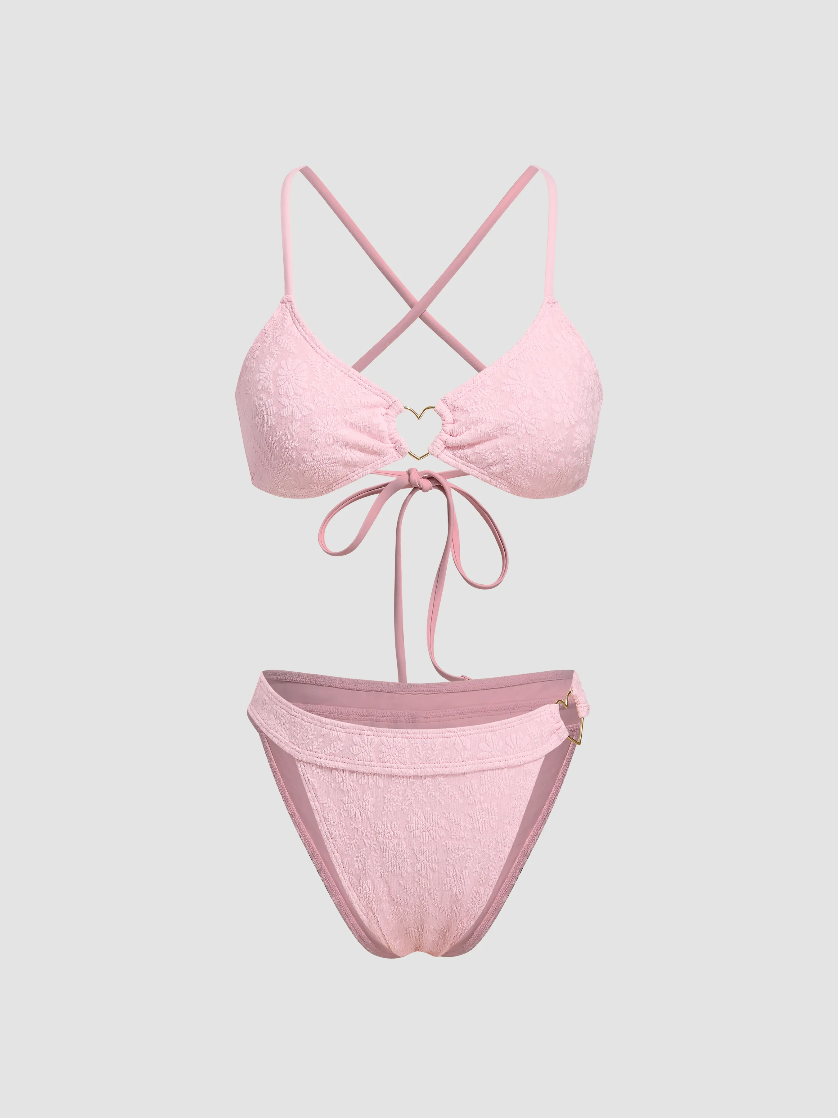 Bikini de trama floral con corazones entrelazados y cruzado en la espalda