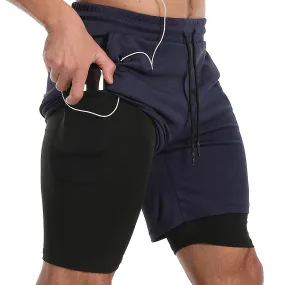 Men's 2 in 1 Sports Quick Dry Workout Running Shorts Lightweight Athletic Gym Shorts with Compression Liner - Navy Blue