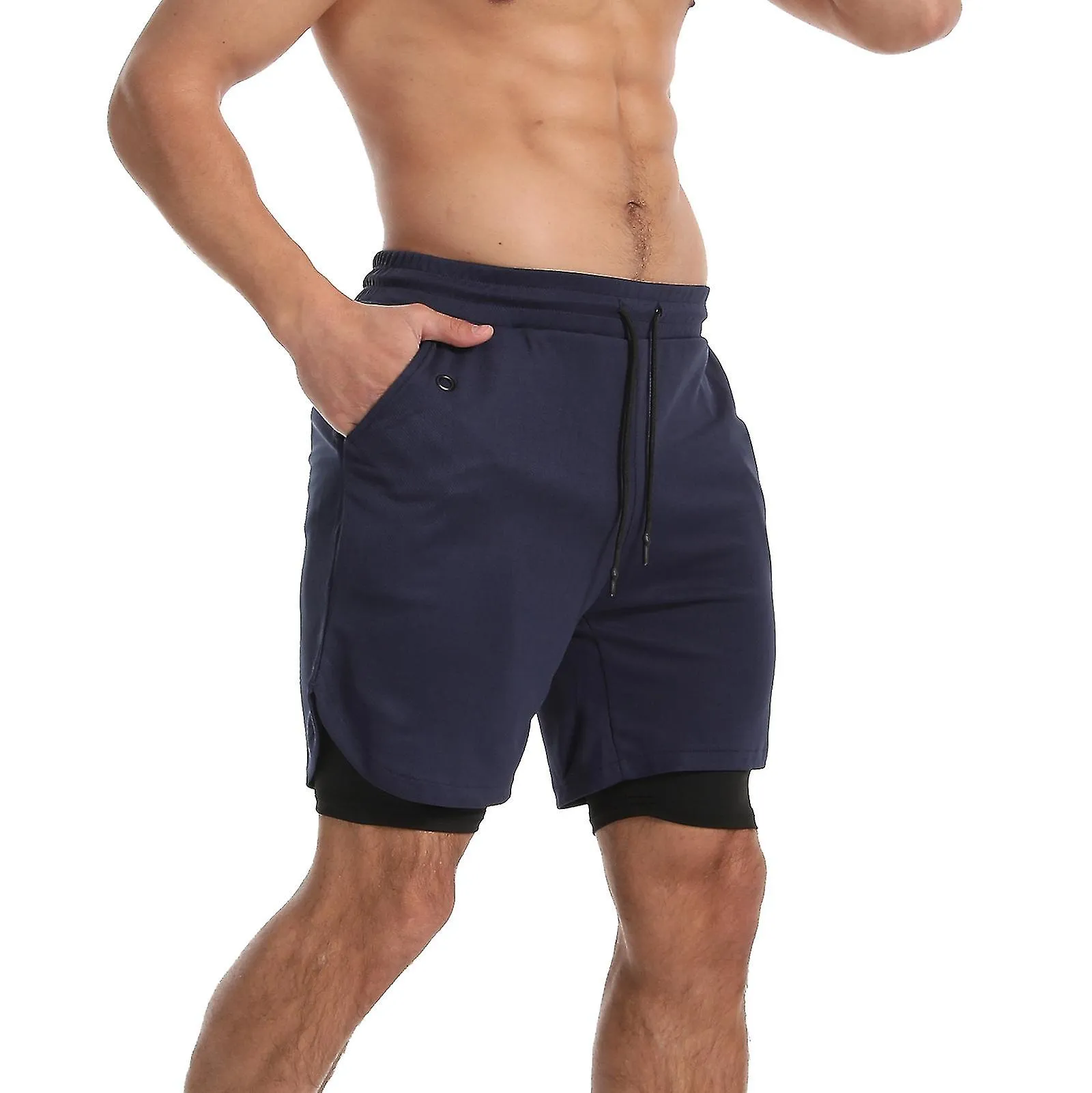 Men's 2 in 1 Sports Quick Dry Workout Running Shorts Lightweight Athletic Gym Shorts with Compression Liner - Navy Blue