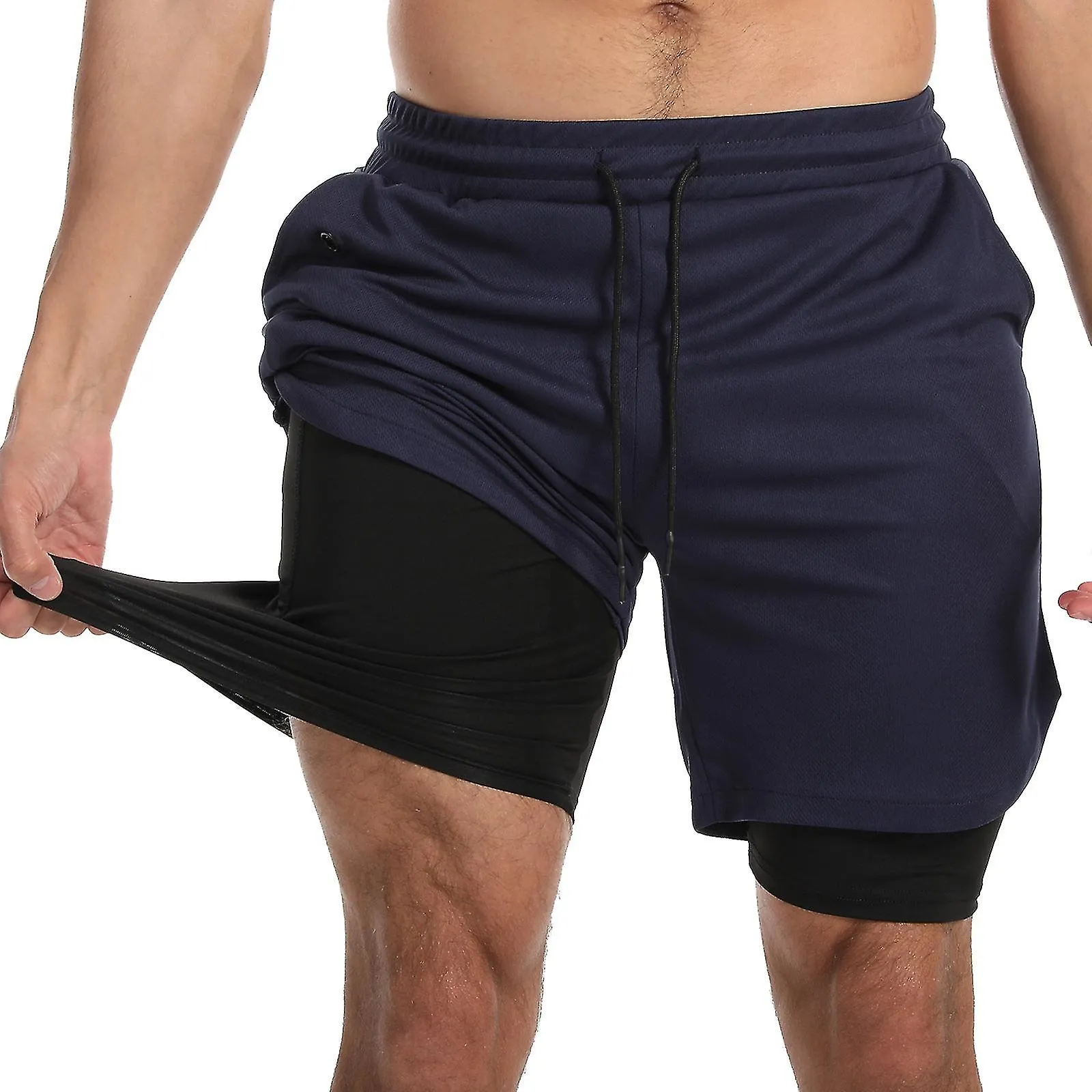 Men's 2 in 1 Sports Quick Dry Workout Running Shorts Lightweight Athletic Gym Shorts with Compression Liner - Navy Blue