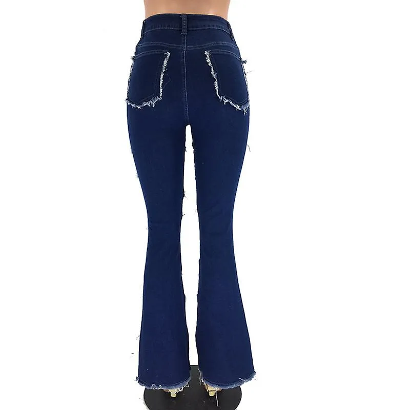 Mujer Jeans Patch Flare Bell Bottom Raw Hem