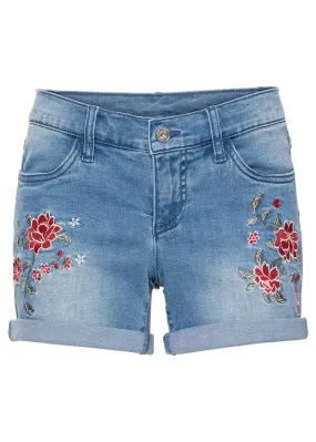 Pantalón corto vaquero con bordado Azul claro de flores