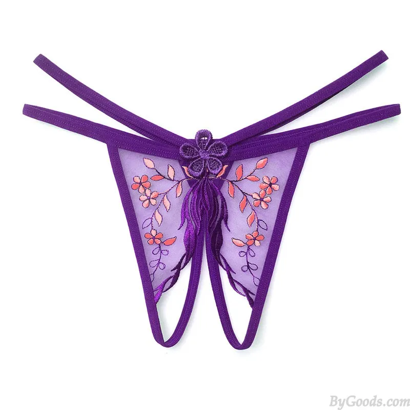  Sexy Crotchless Embroidered Flower Leaf Mesh Women's Underwear Briefs Low Rise Lingerie T-Back G-String Naughty Thong Knickers