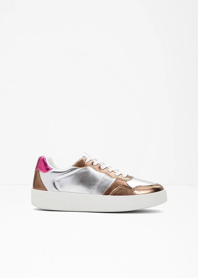 Sneakers bajos con plataforma plata-café con hielo-rosa oscuro