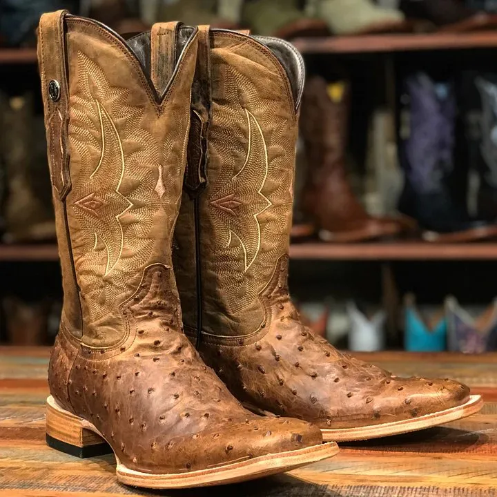Tanner Mark Men's Stoney Full Quill Ostrich Square Toe Boots Antique Saddle