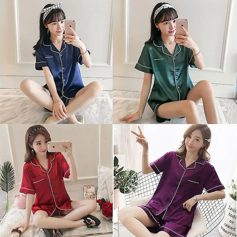 Women Short Sleeve Silk Satin Pyjamas Shorts Set Nightwear